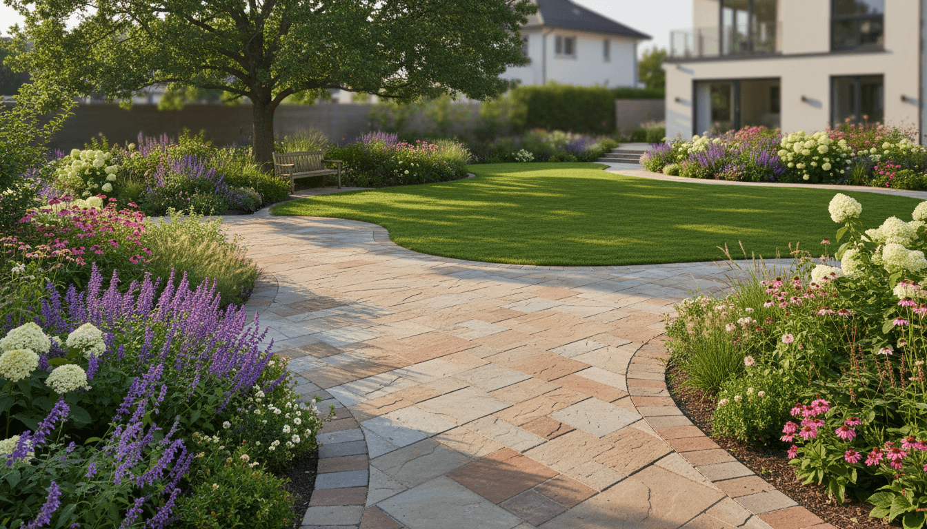 Finished domestic garden landscaping project with paving and borders